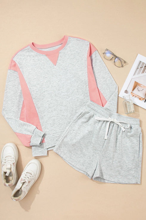 Contrast Paneled Print Raw Hem Pullover Short Sets