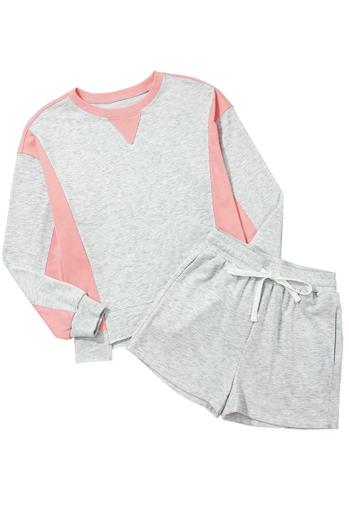 Contrast Paneled Print Raw Hem Pullover Short Sets