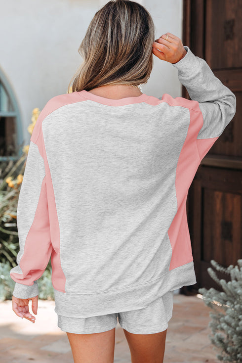Contrast Paneled Print Raw Hem Pullover Short Sets