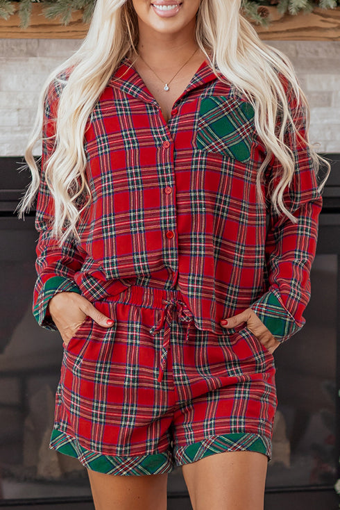Contrast Patch Plaid Long Sleeve And Short Pajama Set