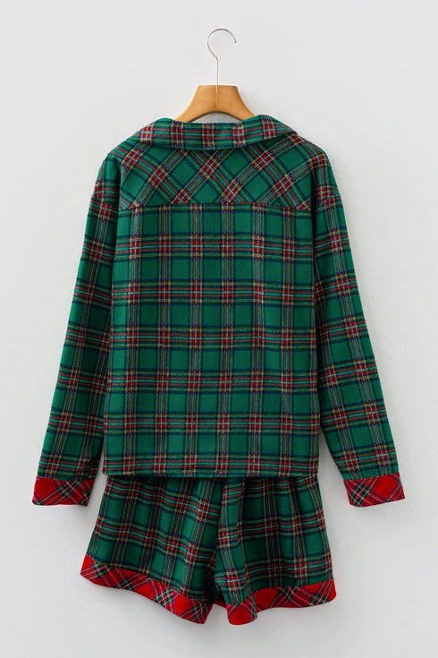 Contrast Patch Plaid Long Sleeve And Short Pajama Set