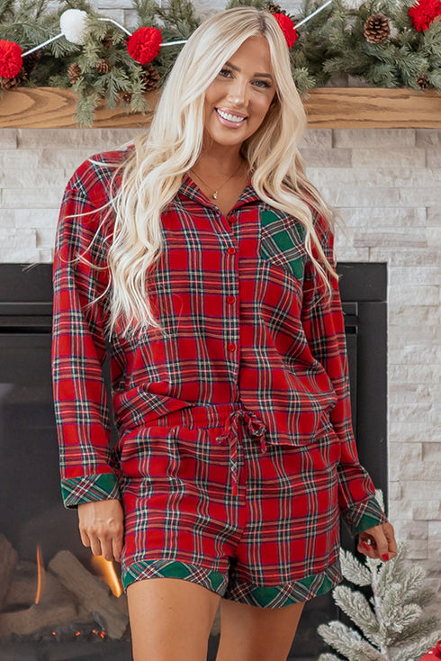 Contrast Patch Plaid Long Sleeve And Short Pajama Set