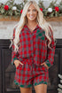 Contrast Patch Plaid Long Sleeve And Short Pajama Set