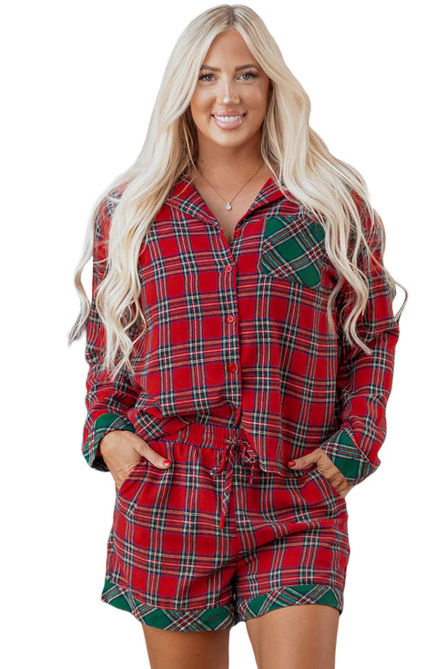Contrast Patch Plaid Long Sleeve And Short Pajama Set