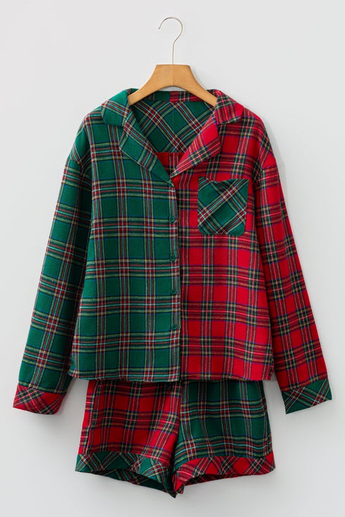 Contrast Patch Plaid Long Sleeve And Short Pajama Set