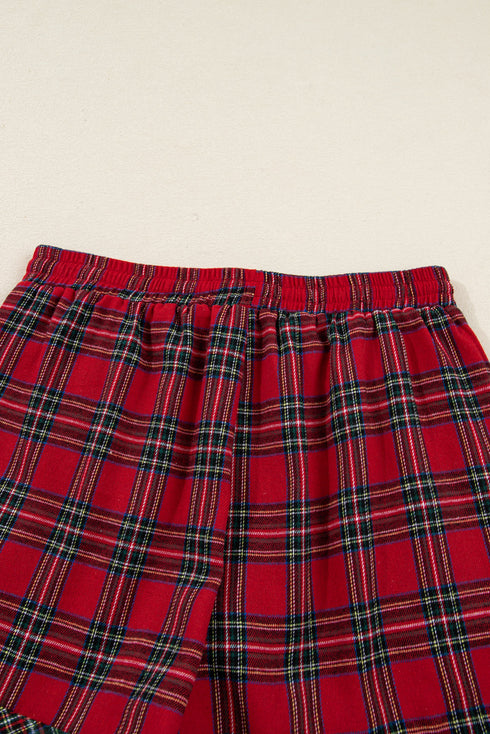 Contrast Patch Plaid Long Sleeve And Short Pajama Set