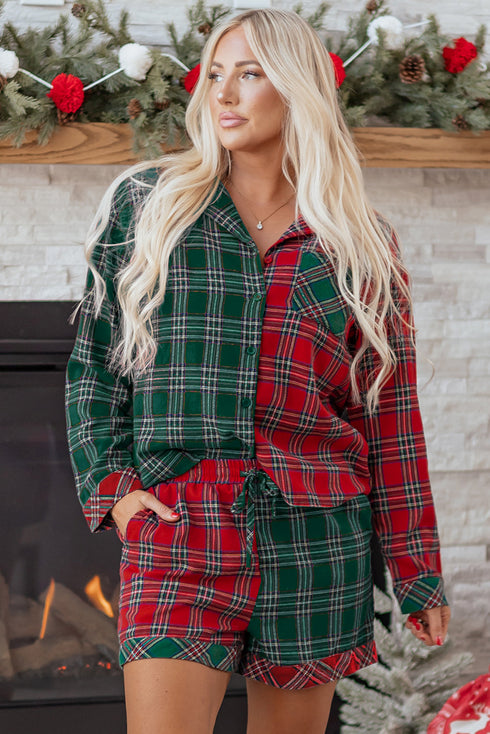 Contrast Patch Plaid Long Sleeve And Short Pajama Set