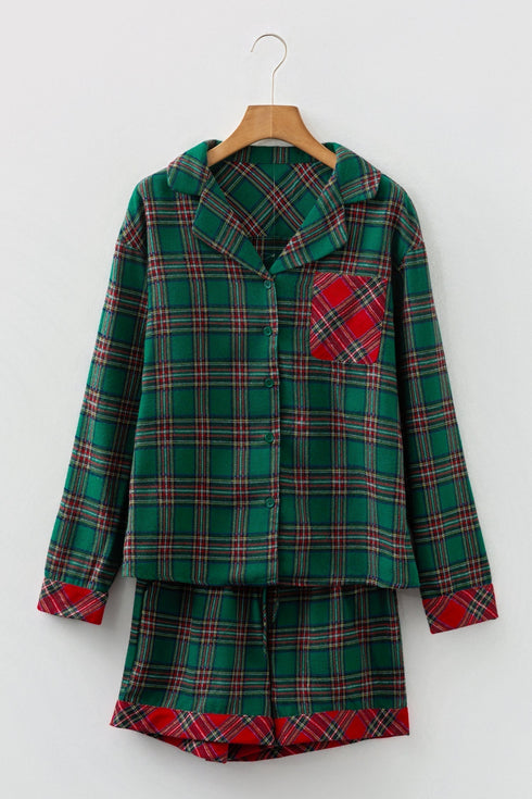 Contrast Patch Plaid Long Sleeve And Short Pajama Set