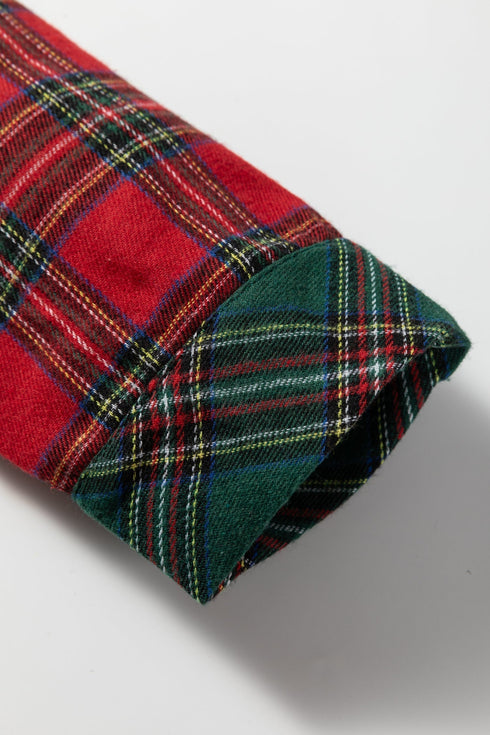 Contrast Patch Plaid Long Sleeve And Short Pajama Set