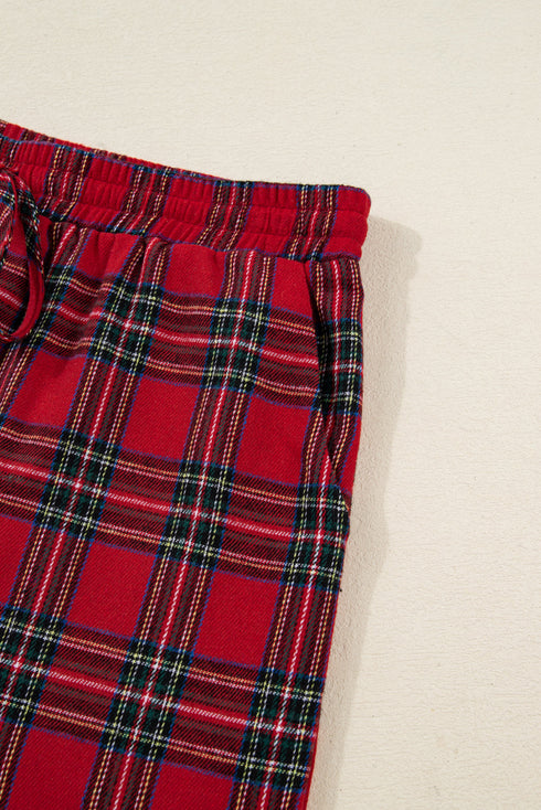 Contrast Patch Plaid Long Sleeve And Short Pajama Set