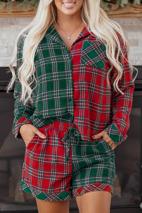 Contrast Patch Plaid Long Sleeve And Short Pajama Set
