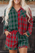 Contrast Patch Plaid Long Sleeve And Short Pajama Set