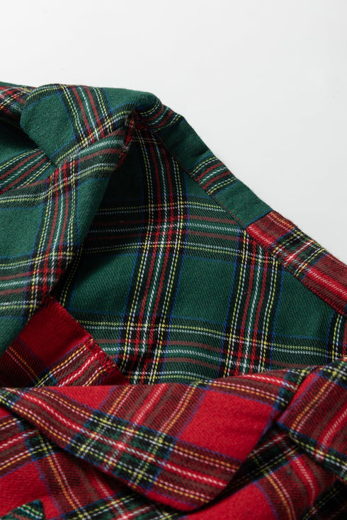 Contrast Patch Plaid Long Sleeve And Short Pajama Set