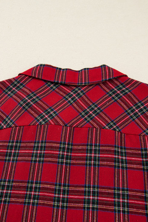 Contrast Patch Plaid Long Sleeve And Short Pajama Set