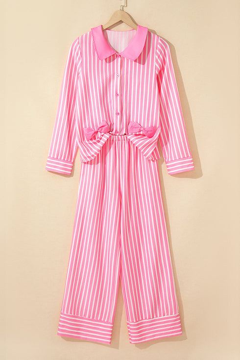Contrast Peter Pan Collar Button Front Stripe Drop Shoulder Two Piece Sleepwear