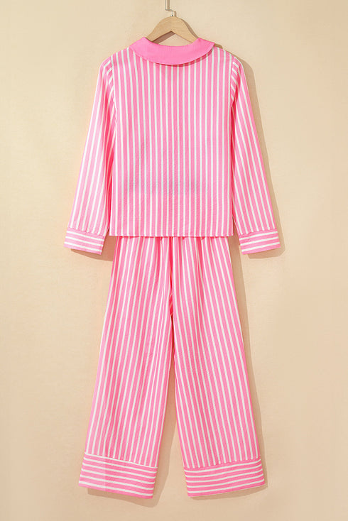 Contrast Peter Pan Collar Button Front Stripe Drop Shoulder Two Piece Sleepwear