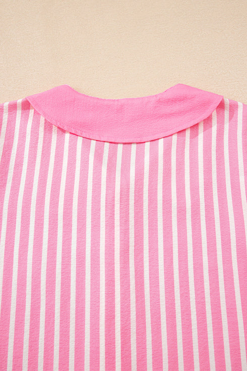 Contrast Peter Pan Collar Button Front Stripe Drop Shoulder Two Piece Sleepwear