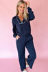 Contrast Piping Zipped Pullover Cropped Wide Leg Pant Set