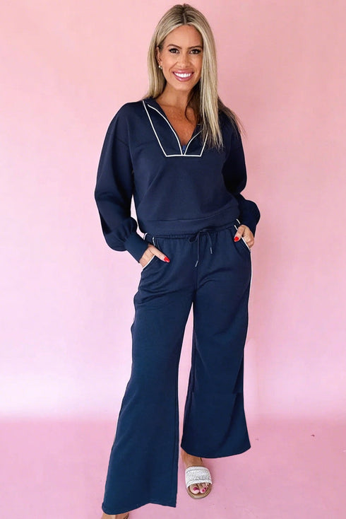 Contrast Piping Zipped Pullover Cropped Wide Leg Pant Set