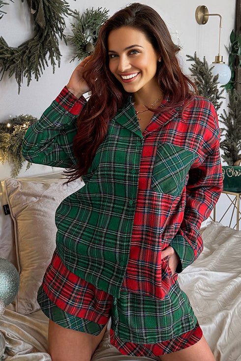 Contrast Plaid Patchwork Long Sleeve Button Front Pajama Set