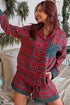 Contrast Plaid Patchwork Long Sleeve Button Front Pajama Set