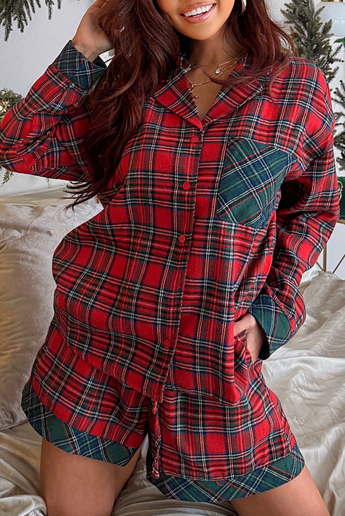 Contrast Plaid Patchwork Long Sleeve Button Front Pajama Set