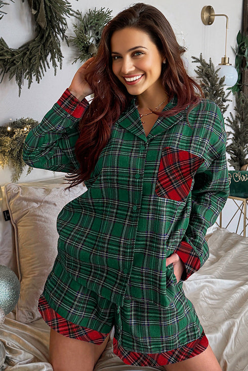 Contrast Plaid Patchwork Long Sleeve Button Front Pajama Set