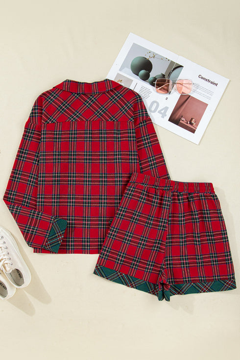 Contrast Plaid Patchwork Long Sleeve Button Front Pajama Set