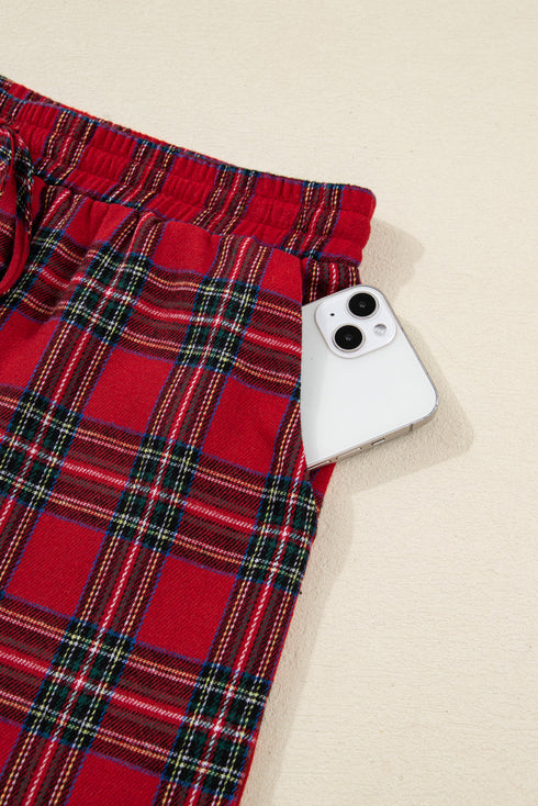 Contrast Plaid Patchwork Long Sleeve Button Front Pajama Set