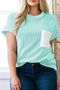 Contrast Pocket Ribbed Knit Casual Short Sleeve Crew Neck Top