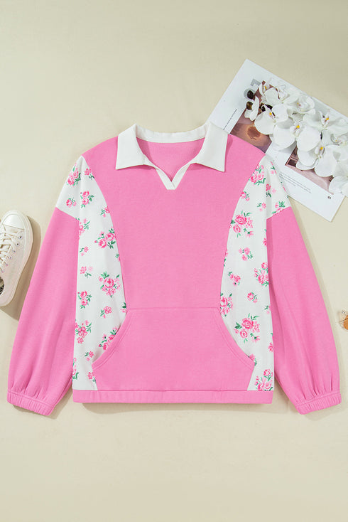Contrast Polo Collar Floral Patchwork Drop Shoulder Kangaroo Pocket Long Sleeve Top