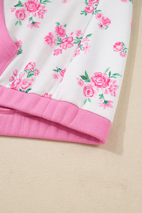 Contrast Polo Collar Floral Patchwork Drop Shoulder Kangaroo Pocket Long Sleeve Top