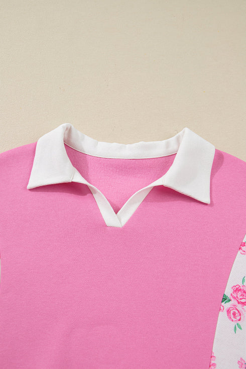 Contrast Polo Collar Floral Patchwork Drop Shoulder Kangaroo Pocket Long Sleeve Top