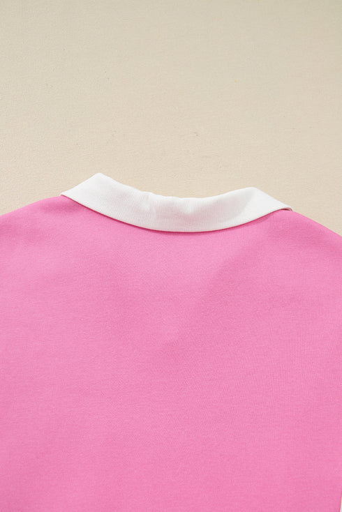 Contrast Polo Collar Floral Patchwork Drop Shoulder Kangaroo Pocket Long Sleeve Top