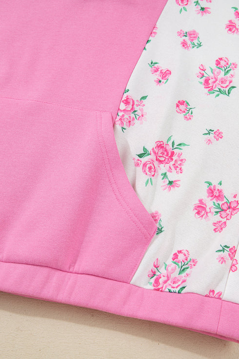 Contrast Polo Collar Floral Patchwork Drop Shoulder Kangaroo Pocket Long Sleeve Top