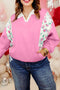 Contrast Polo Collar Floral Patchwork Drop Shoulder Kangaroo Pocket Long Sleeve Top