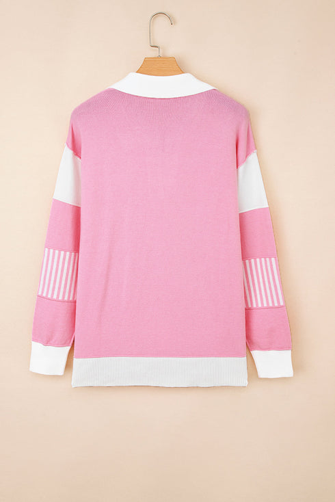 Contrast Polo Collar Split V Colorblock Knit Sweater