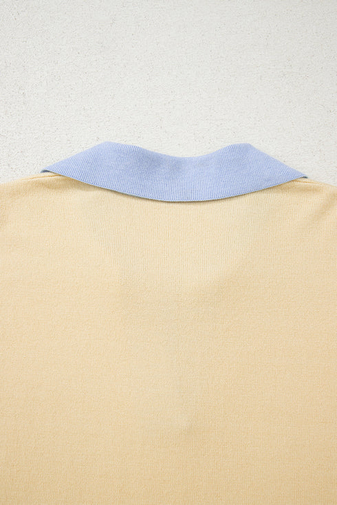 Contrast Polo Collar Split V Colorblock Knit Sweater