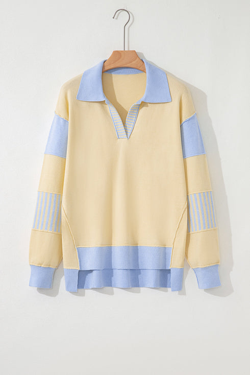 Contrast Polo Collar Split V Colorblock Knit Sweater