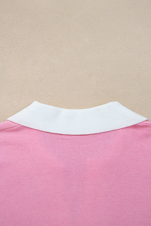 Contrast Polo Collar Split V Colorblock Knit Sweater