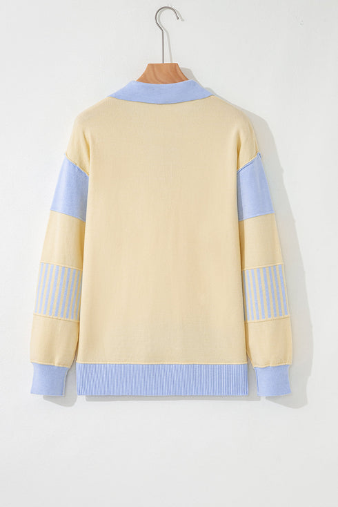 Contrast Polo Collar Split V Colorblock Knit Sweater