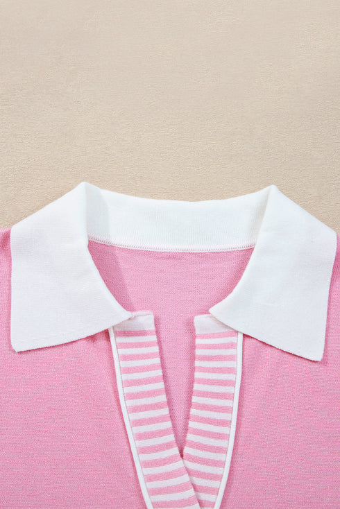 Contrast Polo Collar Split V Colorblock Knit Sweater