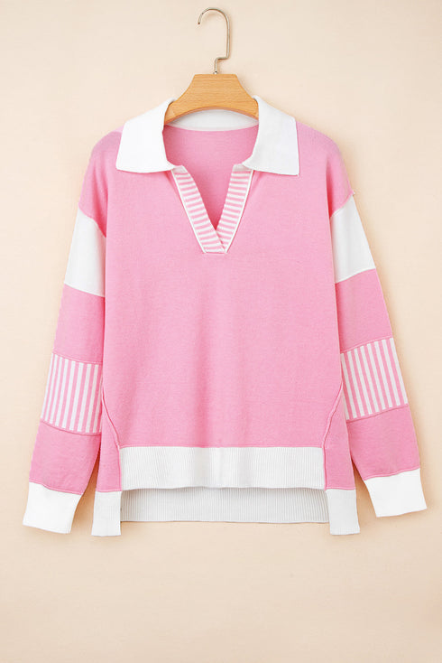 Contrast Polo Collar Split V Colorblock Knit Sweater