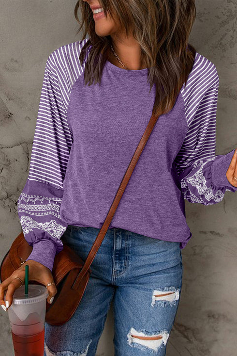 Contrast Striped Raglan Lace Trim Drop Shoulder Top