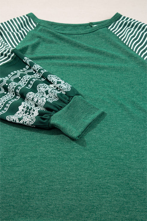 Contrast Striped Raglan Lace Trim Drop Shoulder Top