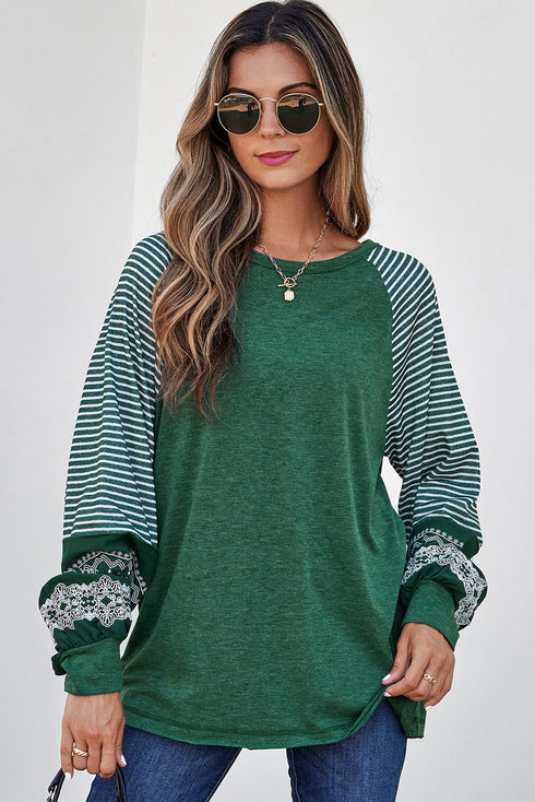 Contrast Striped Raglan Lace Trim Drop Shoulder Top