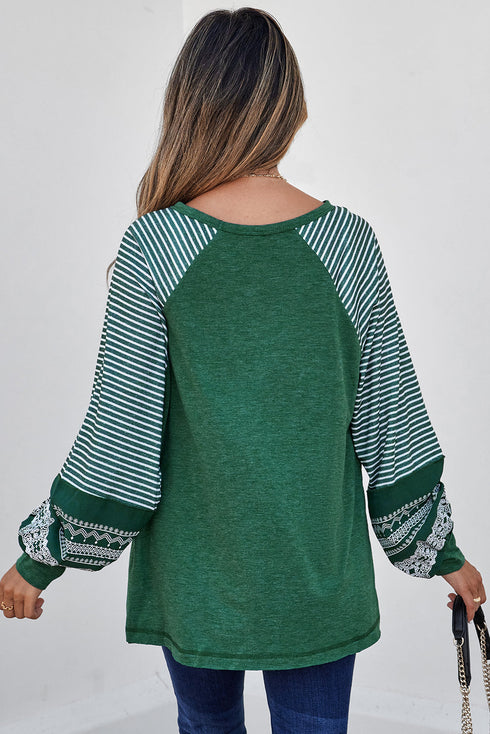 Contrast Striped Raglan Lace Trim Drop Shoulder Top