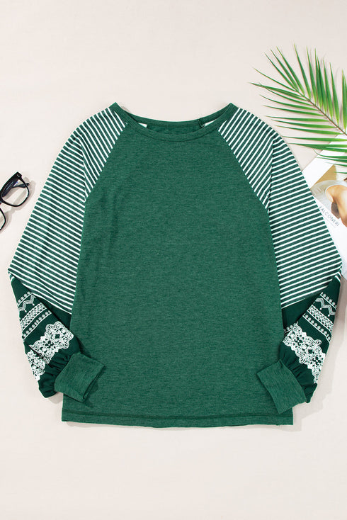 Contrast Striped Raglan Lace Trim Drop Shoulder Top