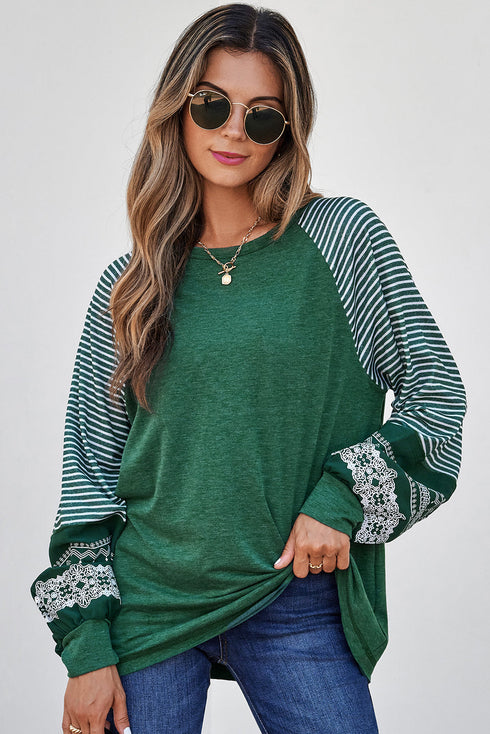 Contrast Striped Raglan Lace Trim Drop Shoulder Top