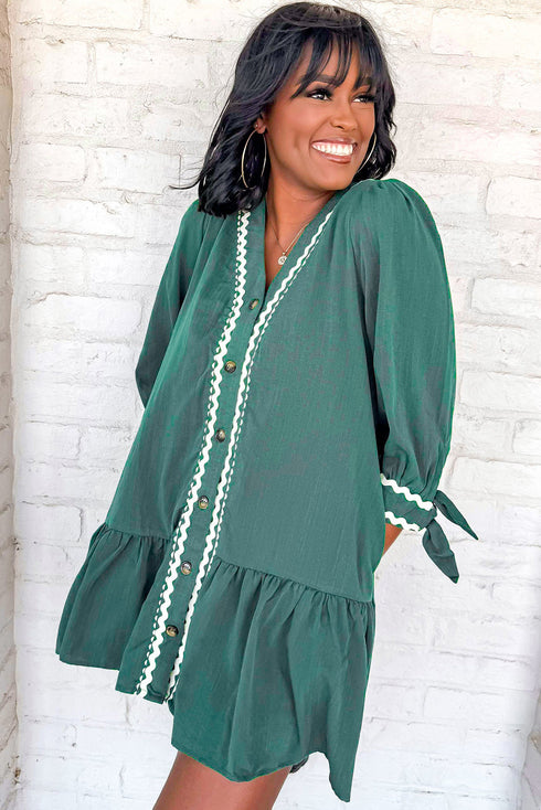 Contrast Ricrac Button Front V Neck Tiered Mini Dress